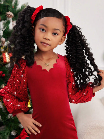 Mommy And Me Young Girl's And Young Girl's Luxury Elegant Pearl And Sequin Patchwork Red Ruffle Collar Puff Sleeve Princess Party Velvet Dress, Suitable For Christmas