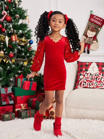 Mommy And Me Young Girl's And Young Girl's Luxury Elegant Pearl And Sequin Patchwork Red Ruffle Collar Puff Sleeve Princess Party Velvet Dress, Suitable For Christmas