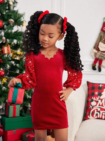 Mommy And Me Young Girl's And Young Girl's Luxury Elegant Pearl And Sequin Patchwork Red Ruffle Collar Puff Sleeve Princess Party Velvet Dress, Suitable For Christmas