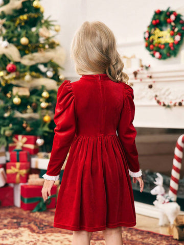 Mommy And Me Young Girl's And Young Girl's Red Velvet Hollow Pearl Button Dress Set, Suitable For Party Wear