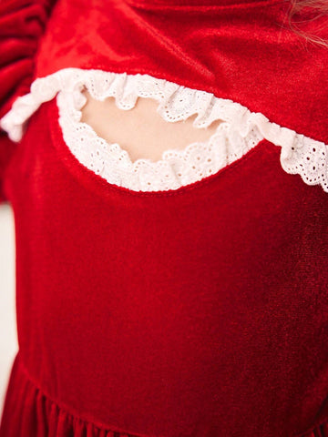 Mommy And Me Young Girl's And Young Girl's Red Velvet Hollow Pearl Button Dress Set, Suitable For Party Wear