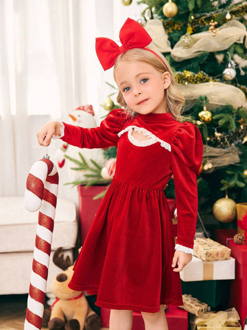 Mommy And Me Young Girl's And Young Girl's Red Velvet Hollow Pearl Button Dress Set, Suitable For Party Wear