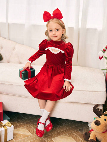 Mommy And Me Young Girl's And Young Girl's Red Velvet Hollow Pearl Button Dress Set, Suitable For Party Wear