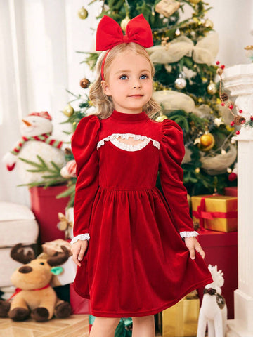 Mommy And Me Young Girl's And Young Girl's Red Velvet Hollow Pearl Button Dress Set, Suitable For Party Wear