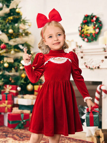 Mommy And Me Young Girl's And Young Girl's Red Velvet Hollow Pearl Button Dress Set, Suitable For Party Wear