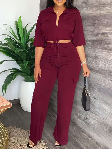 Monochrome Drawstring Hem Flip Detail Top And Straight Pants Stylish Casual Set