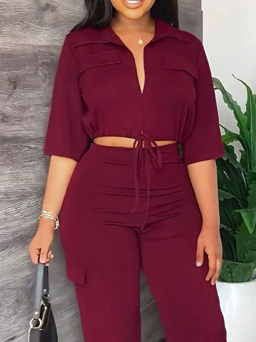 Monochrome Drawstring Hem Flip Detail Top And Straight Pants Stylish Casual Set