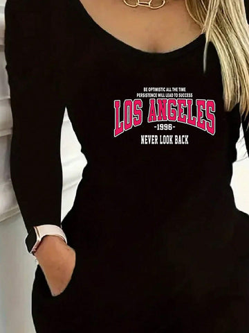 Monogram Print, Black Casual Long-Sleeved Dress, Autumn/Winter Women's Wear