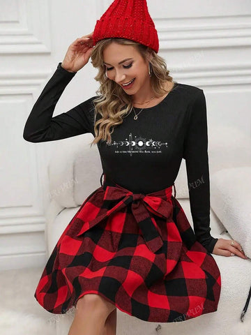 Moon Print Pattern, Casual Crew Neck Long Sleeve Dress, Autumn Women's Wear