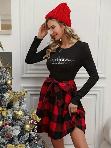 Moon Print Pattern, Casual Crew Neck Long Sleeve Dress, Autumn Women's Wear