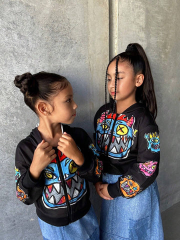 Mother-Daughter Matching Girls Casual Trendy Funny Cartoon Monster Pattern American Street Hip Hop Hooded Zipper Short Sweatshirt