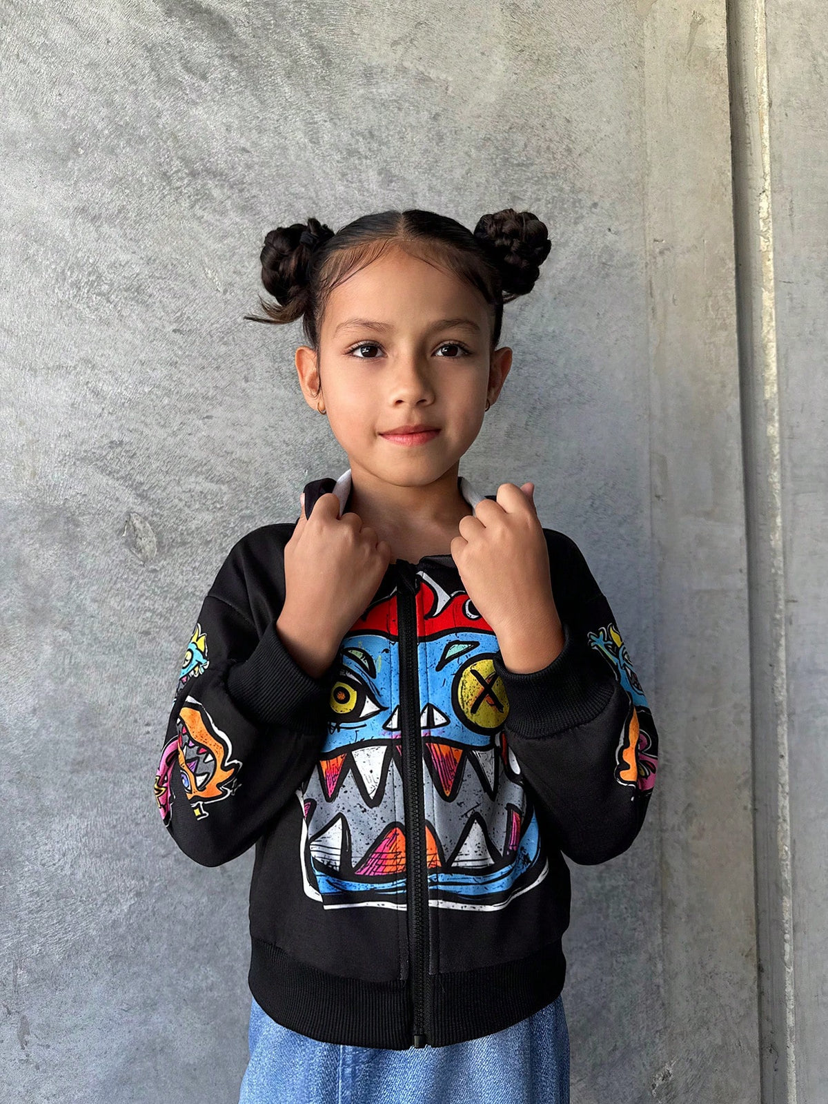Mother-Daughter Matching Girls Casual Trendy Funny Cartoon Monster Pattern American Street Hip Hop Hooded Zipper Short Sweatshirt