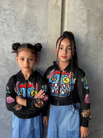 Mother-Daughter Matching Girls Casual Trendy Funny Cartoon Monster Pattern American Street Hip Hop Hooded Zipper Short Sweatshirt
