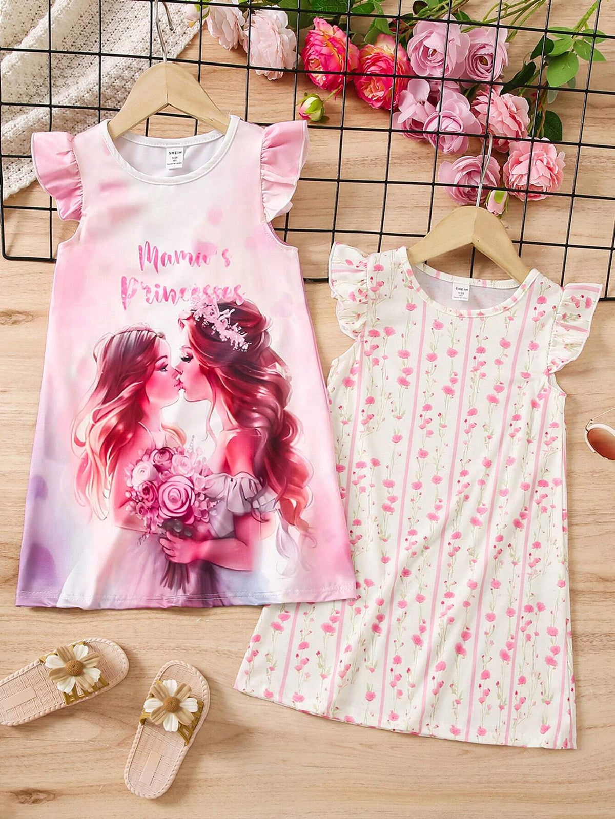 Mother Day - 2pcs Toddler Girls Cute Rose Print Dress Set