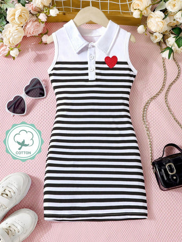 Mother Day Gift - Young Girl Striped And Printed Sleeveless Dress With Half Buttoned Shirt Collar And Creative Heart-Shaped Pattern. Suitable For Children Casual And Sporty Wear In Summer.