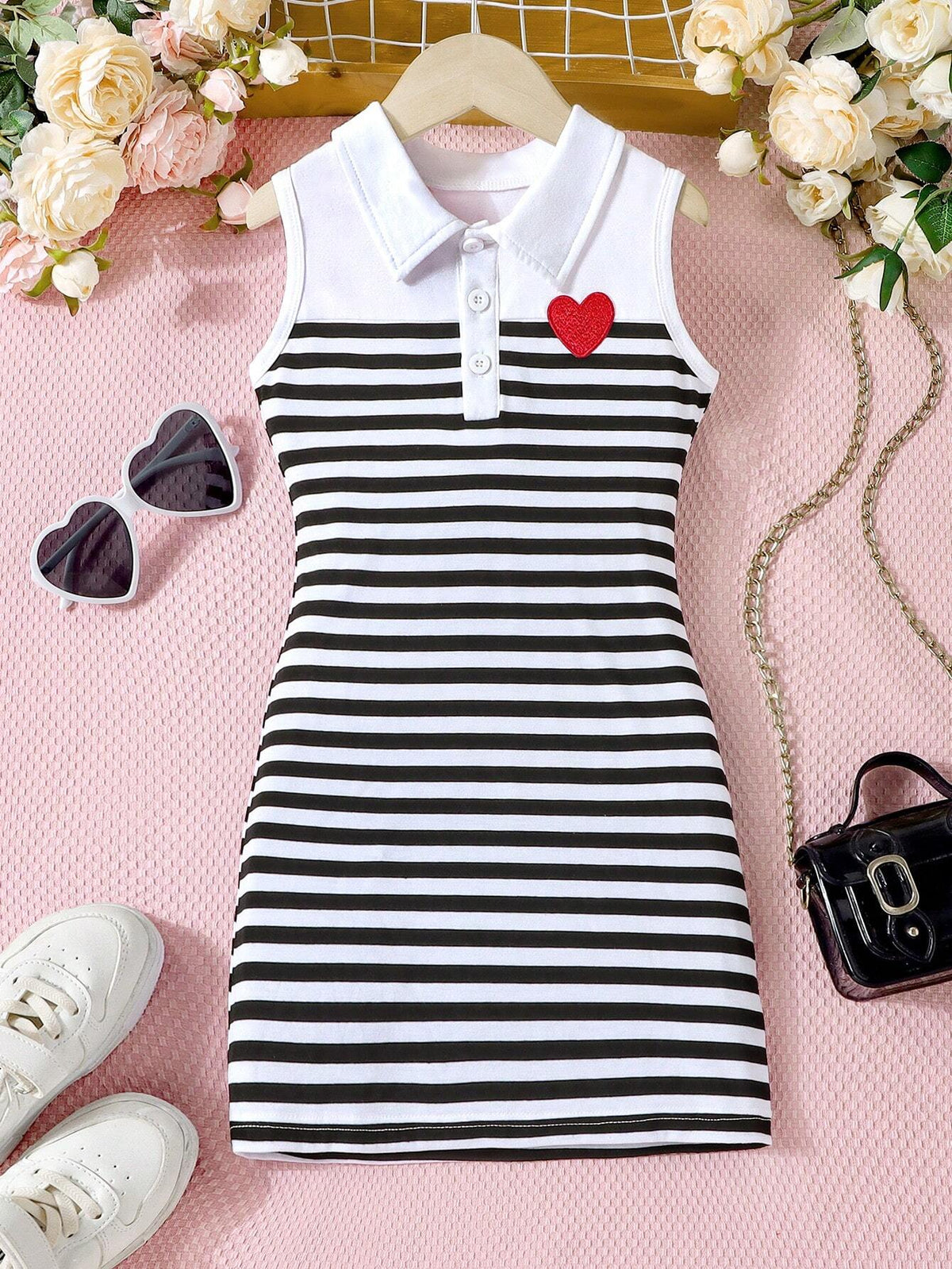 Mother Day Gift - Young Girl Striped And Printed Sleeveless Dress With Half Buttoned Shirt Collar And Creative Heart-Shaped Pattern. Suitable For Children Casual And Sporty Wear In Summer.