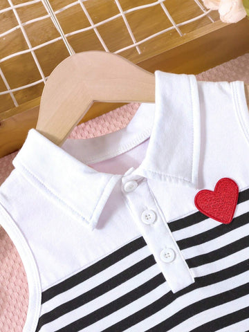 Mother Day Gift - Young Girl Striped And Printed Sleeveless Dress With Half Buttoned Shirt Collar And Creative Heart-Shaped Pattern. Suitable For Children Casual And Sporty Wear In Summer.