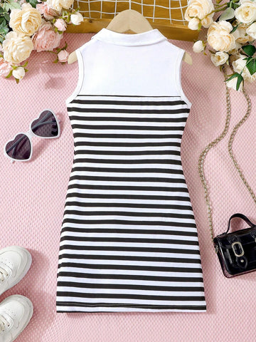 Mother Day Gift - Young Girl Striped And Printed Sleeveless Dress With Half Buttoned Shirt Collar And Creative Heart-Shaped Pattern. Suitable For Children Casual And Sporty Wear In Summer.