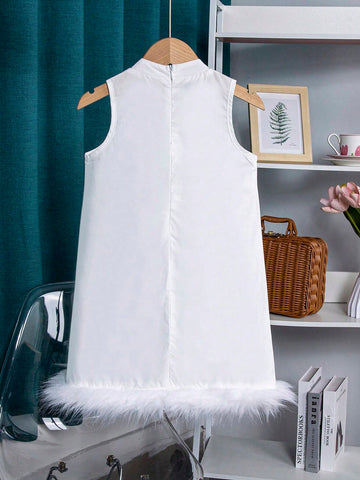 Mother Day Young Girls And Their Mothers Print Stand Collar Faux Fur Trim A-Line Dress, Suitable For Holiday Beach Vacation In Summer