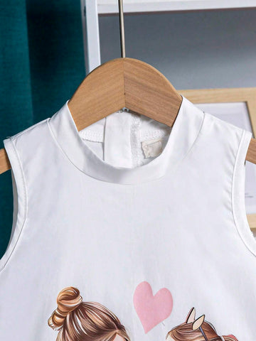 Mother Day Young Girls And Their Mothers Print Stand Collar Faux Fur Trim A-Line Dress, Suitable For Holiday Beach Vacation In Summer