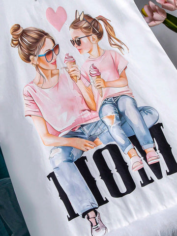 Mother Day Young Girls And Their Mothers Print Stand Collar Faux Fur Trim A-Line Dress, Suitable For Holiday Beach Vacation In Summer