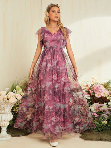 Mother Of The Bride Dress With V-Neckline, Floral Pattern And Sheer Net Fabric