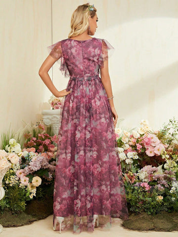 Mother Of The Bride Dress With V-Neckline, Floral Pattern And Sheer Net Fabric