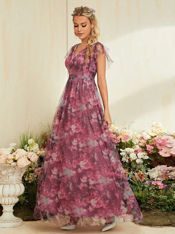 Mother Of The Bride Dress With V-Neckline, Floral Pattern And Sheer Net Fabric