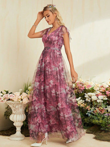 Mother Of The Bride Dress With V-Neckline, Floral Pattern And Sheer Net Fabric