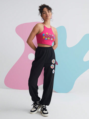 Cartoon And Letter Graphic Halter Top & Joggers