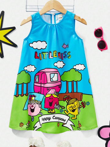 Young Girl Cartoon Printed Picnic Camping Countryside Style Cute Casual Sleeveless Woven Dress