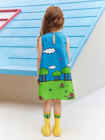Young Girl Cartoon Printed Picnic Camping Countryside Style Cute Casual Sleeveless Woven Dress