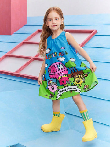 Young Girl Cartoon Printed Picnic Camping Countryside Style Cute Casual Sleeveless Woven Dress
