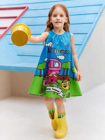 Young Girl Cartoon Printed Picnic Camping Countryside Style Cute Casual Sleeveless Woven Dress