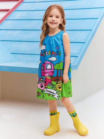 Young Girl Cartoon Printed Picnic Camping Countryside Style Cute Casual Sleeveless Woven Dress