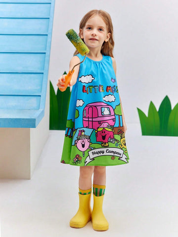 Young Girl Cartoon Printed Picnic Camping Countryside Style Cute Casual Sleeveless Woven Dress