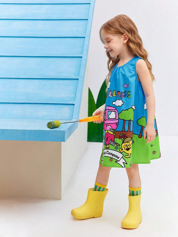 Young Girl Cartoon Printed Picnic Camping Countryside Style Cute Casual Sleeveless Woven Dress