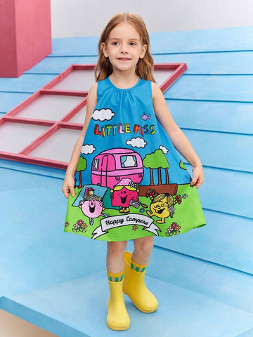 Young Girl Cartoon Printed Picnic Camping Countryside Style Cute Casual Sleeveless Woven Dress