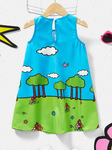 Young Girl Cartoon Printed Picnic Camping Countryside Style Cute Casual Sleeveless Woven Dress