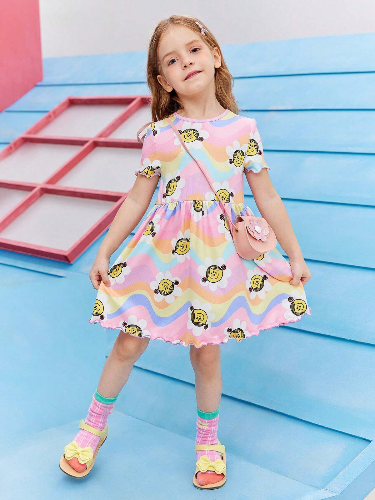 Young Girl Dopamine Casual Cute Rainbow Color Cartoon Flower Allover Print Round Neck Short Sleeve Dress