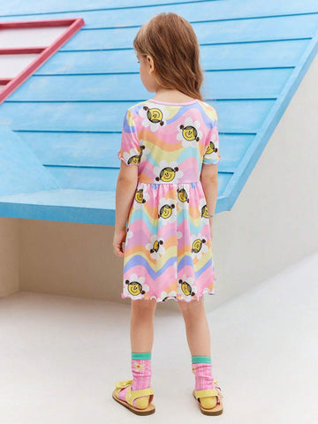 Young Girl Dopamine Casual Cute Rainbow Color Cartoon Flower Allover Print Round Neck Short Sleeve Dress
