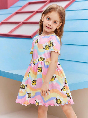 Young Girl Dopamine Casual Cute Rainbow Color Cartoon Flower Allover Print Round Neck Short Sleeve Dress
