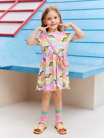 Young Girl Dopamine Casual Cute Rainbow Color Cartoon Flower Allover Print Round Neck Short Sleeve Dress