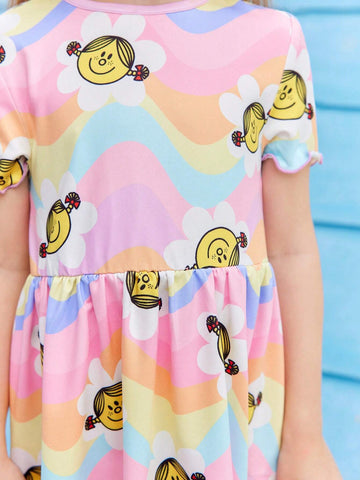 Young Girl Dopamine Casual Cute Rainbow Color Cartoon Flower Allover Print Round Neck Short Sleeve Dress