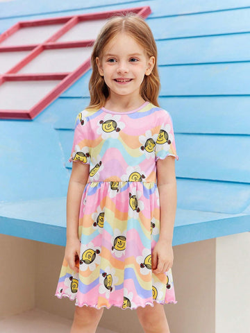 Young Girl Dopamine Casual Cute Rainbow Color Cartoon Flower Allover Print Round Neck Short Sleeve Dress