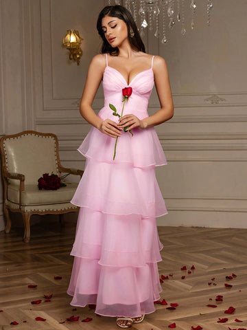 Multi-Layer Cake Skirt Hem Organza V-Neck Suspender Dress Women's Formal Prom Dress Spring And Summer Pink Valentine's Day Dress Birthday Party Dress
