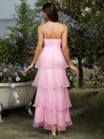 Multi-Layer Cake Skirt Hem Organza V-Neck Suspender Dress Women's Formal Prom Dress Spring And Summer Pink Valentine's Day Dress Birthday Party Dress