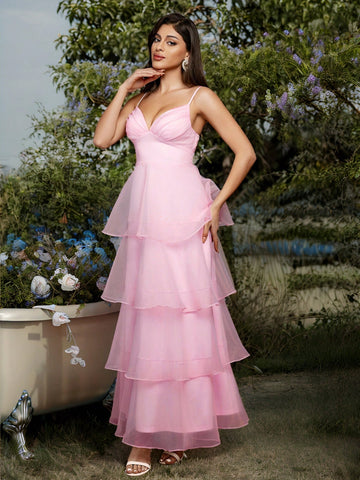 Multi-Layer Cake Skirt Hem Organza V-Neck Suspender Dress Women's Formal Prom Dress Spring And Summer Pink Valentine's Day Dress Birthday Party Dress