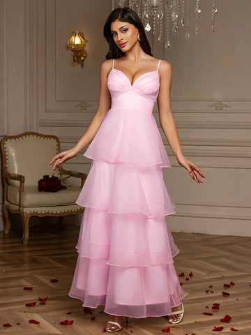 Multi-Layer Cake Skirt Hem Organza V-Neck Suspender Dress Women's Formal Prom Dress Spring And Summer Pink Valentine's Day Dress Birthday Party Dress