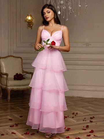 Multi-Layer Cake Skirt Hem Organza V-Neck Suspender Dress Women's Formal Prom Dress Spring And Summer Pink Valentine's Day Dress Birthday Party Dress